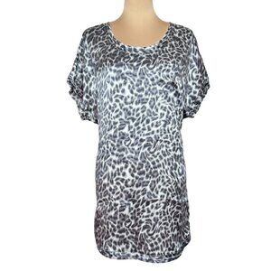 Joie Silk Shift Dress Sz.M Gray Leopard Print Satin Short Sleeve Mini Basic Boho
